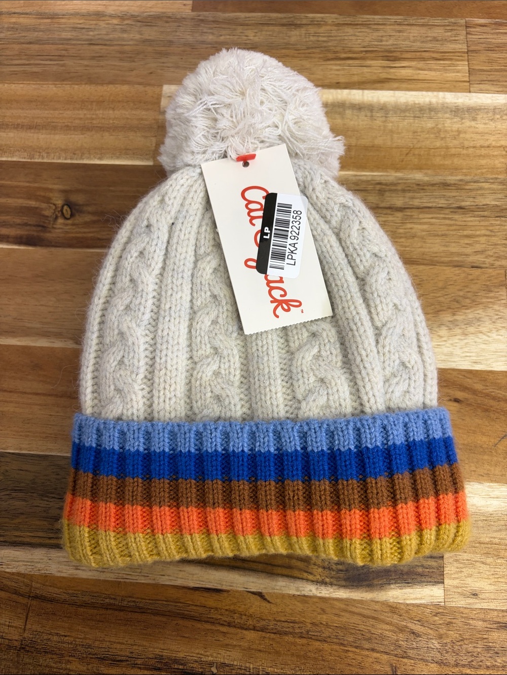 Cable Knit Pom Hat for Kids - Cream with Multicolor Stripe